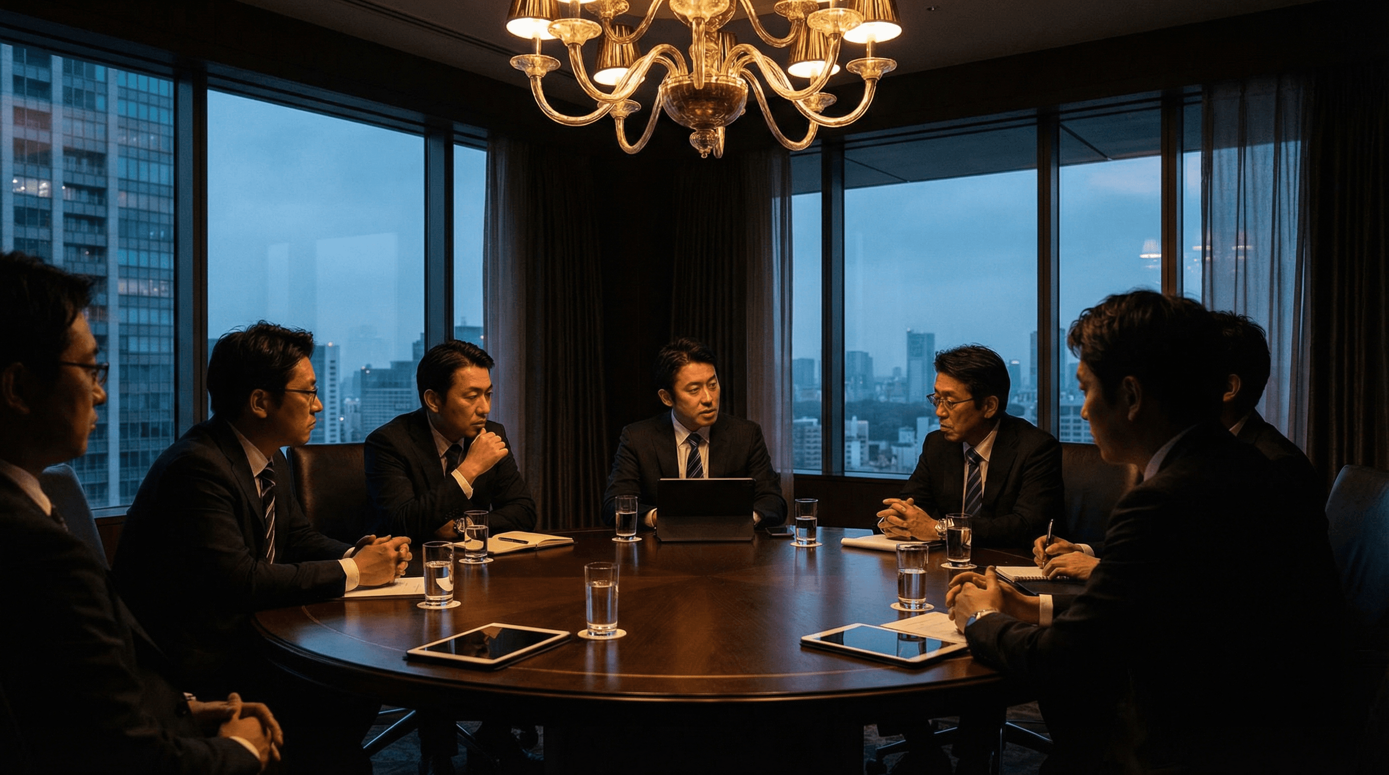 エグゼクティブ層が円卓で高度な経営戦略を練っている写真