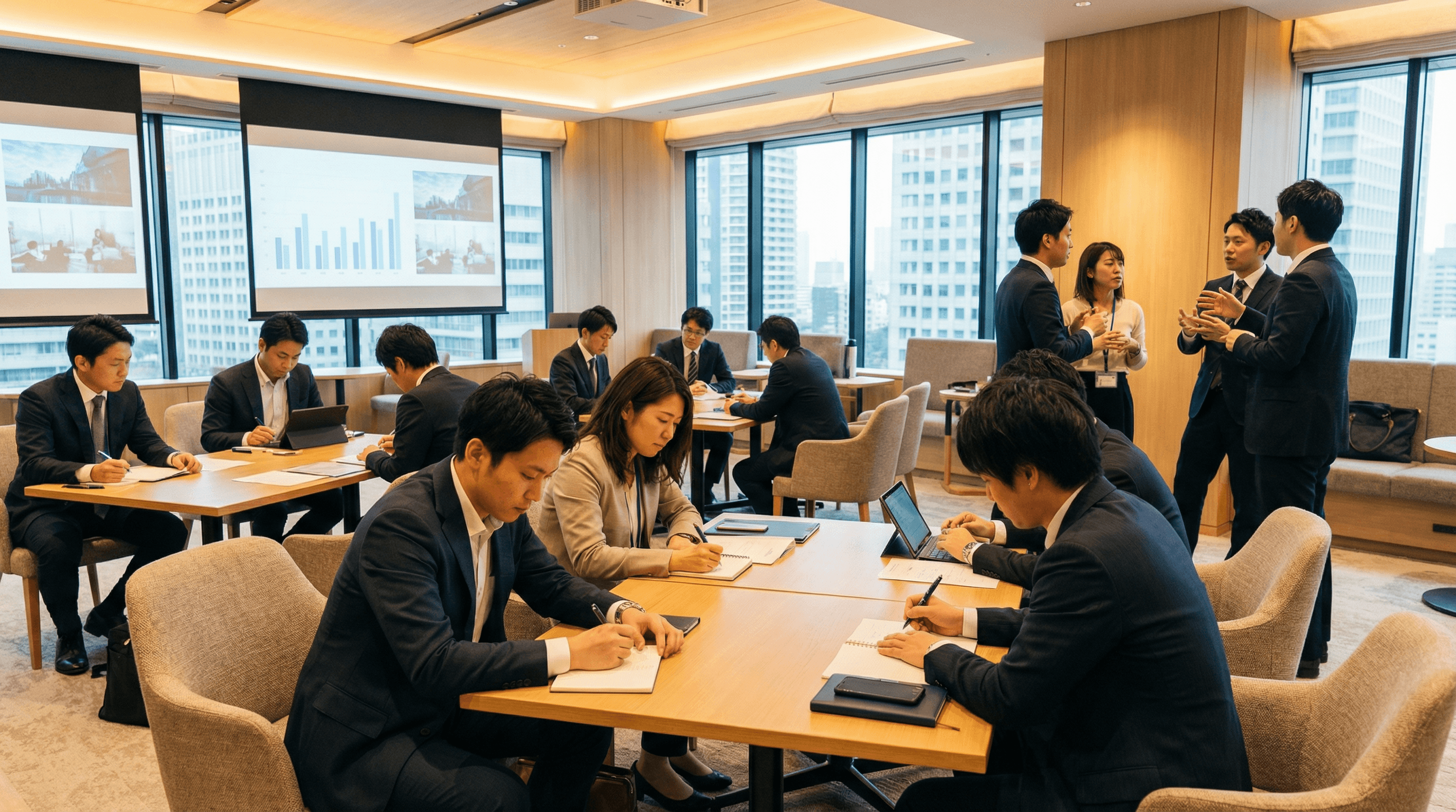 セミナー会場で受講者がノートや端末を使い真剣に学んでいる様子。