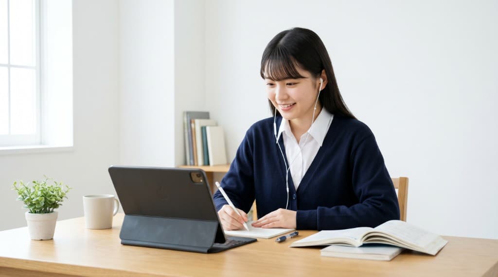 イヤホンをつけ、タブレットとノートを使いオンライン学習に取り組む様子。リモート研修・ハイブリッド学びのイメージ。