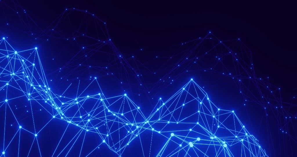 AIとデータ連携をイメージさせる抽象的なネットワーク表現